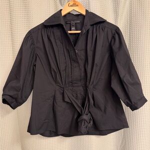 Black Puff Sleeve Button-Front Top with Tie